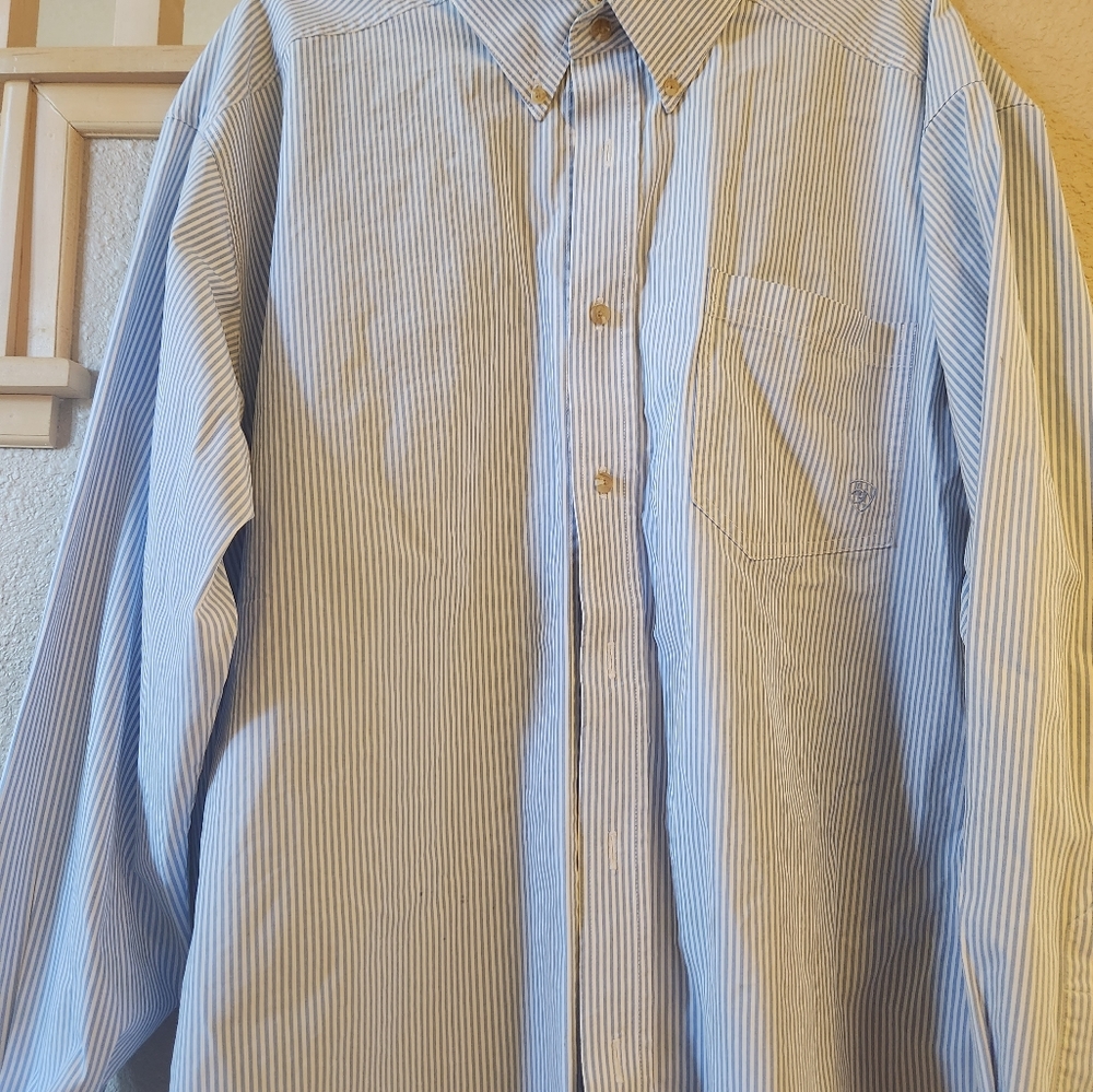 White and blue striped Ariat button up shirt